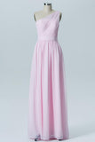 Barely Pink One Shoulder Floor Length Bridesmaid Dresses,Simple Chiffon Bridesmaid Gown OMB40 - bohogown
