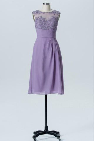 Pastel Lilac Boat Knee Length Bridesmaid Dresses,Sheer Back Lace Appliques Chiffon Bridesmaid Gown