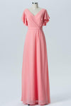 Apricot Blush V Neck Floor Length Short Sleeve Chiffon Bridesmaid Dresses OMB42 - bohogown