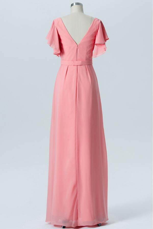 Apricot Blush V Neck Floor Length Short Sleeve Chiffon Bridesmaid Dresses OMB42 - Ombreprom
