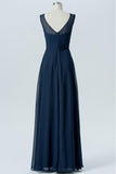 Midnight Navy Sheer Floor Length Bridesmaid Dresses,Open Back Chiffon Bridesmaid Gown OMB45 - Ombreprom