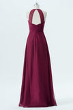 Deep Claret Halter Floor Length Bridesmaid Dresses,Open Back Chiffon Bridesmaid Gown OMB46 - Ombreprom