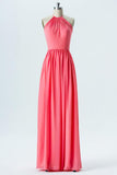 Spiced Coral Halter Floor Length Bridesmaid Dresses,Open Back Chiffon Bridesmaid Gown