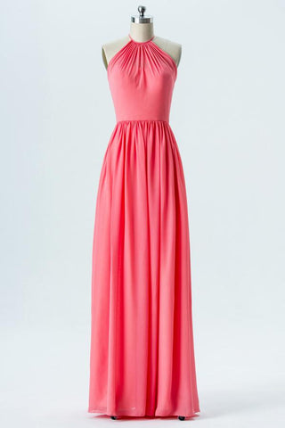 Spiced Coral Halter Floor Length Bridesmaid Dresses,Open Back Chiffon Bridesmaid Gown