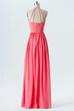 Spiced Coral Halter Floor Length Bridesmaid Dress,Open Back Chiffon Bridesmaid Gown OMB47