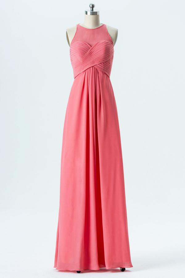 Coral Sheer Sleeveless Bridesmaid Dresses,Open Back Sheath Bridesmaid Gown OMB51 - bohogown