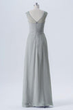 Storm Grey Sheer Capped Sleeve Bridesmaid Dress,Open Back Sheath Bridesmaid Gown OMB52