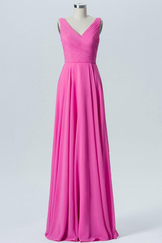 Pink Carnation V Neck Long Bridesmaid Dresses,Open Back Sleeveless Cheap Bridesmaid Gown