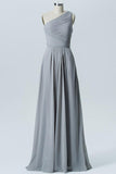 Steel Grey One Shoulder Long Bridesmaid Dresses,Sleeveless Cheap Bridesmaid Gown