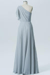 Storm Grey One Shoulder Long Bridesmaid Dress,Short Sleeve Cheap Bridesmaid Gown OMB55