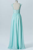 Hint of Mint Capped Sleeve Long Bridesmaid Dress,Open Back Appliques Cheap Bridesmaid Gown OMB56