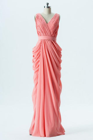 Apricot Blush Sleeveless Long Bridesmaid Dresses,V Neck Cheap Bridesmaid Gown OMB59 - bohogown