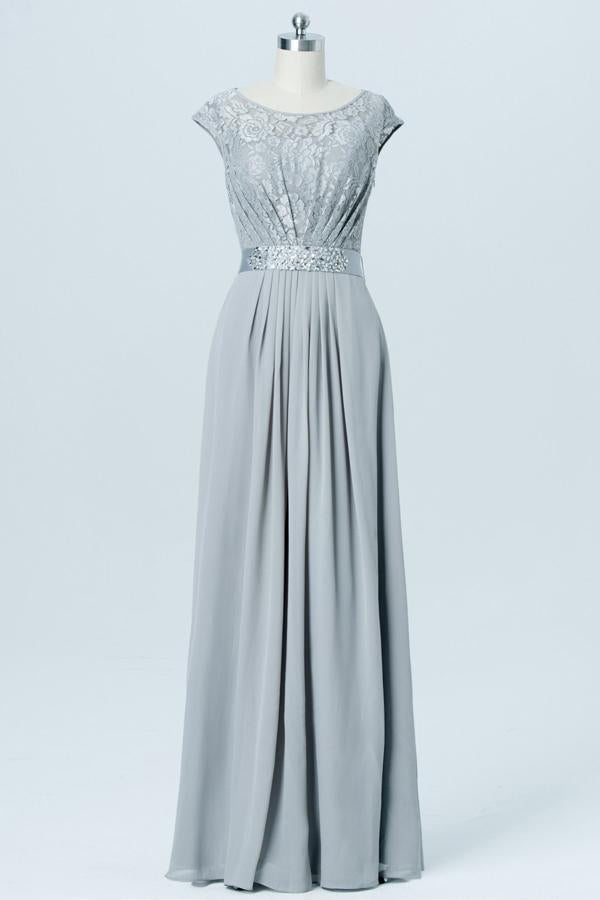 Light Gray Floor Length Bridesmaid Dresses,Capped Sleeve Bridesmaid Gown With Belt