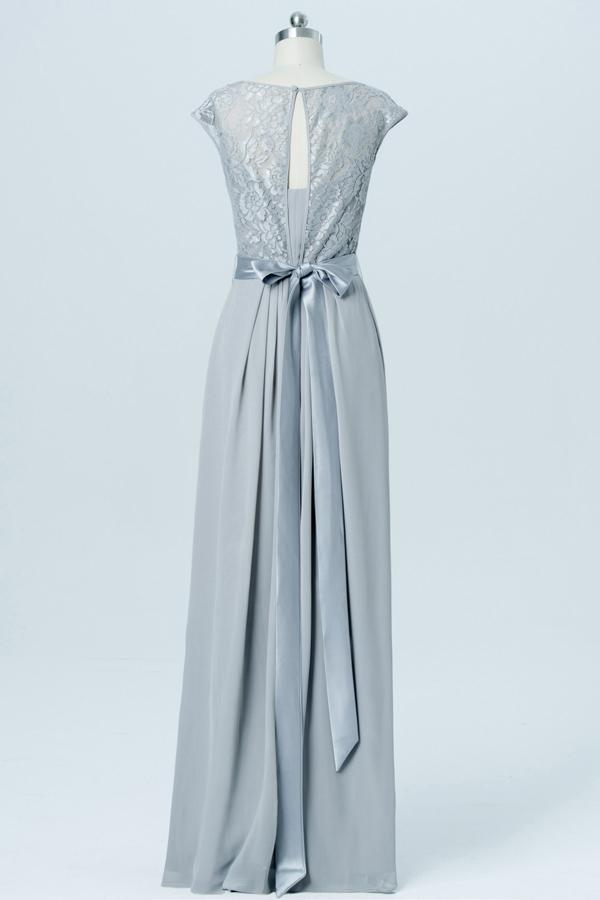 Light Gray Floor Length Bridesmaid Dress,Capped Sleeve Bridesmaid Gown With Belt OMB06