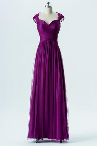 Violet Sweetheart Capped Sleeve Simple Bridesmaid Dresses,Appliques Long Bridesmaid Gowns