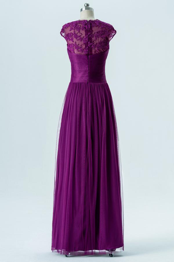 Violet Sweetheart Capped Sleeve Simple Bridesmaid Dress,Appliques Long Bridesmaid Gowns OMB61