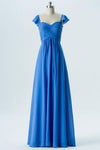 Blue Topaz Sweetheart Capped Sleeve Simple Mid Back Long Bridesmaid Dresses OMB63 - bohogown