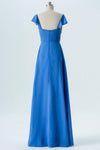 Blue Topaz Sweetheart Capped Sleeve Simple Mid Back Long Bridesmaid Dresses OMB63 - Ombreprom