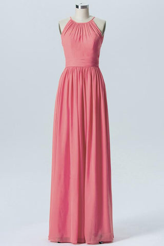 Dusty Coral Halter Simple Bridesmaid Dresses,Sleeveless Long Bridesmaid Gowns