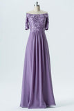 Lavender Grey Off Shoulder Bridesmaid Dresses,Short Sleeve Appliques Long Bridesmaid Gowns