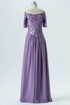 Lavender Grey Off Shoulder Bridesmaid Dress,Short Sleeve Appliques Long Bridesmaid Gowns OMB66