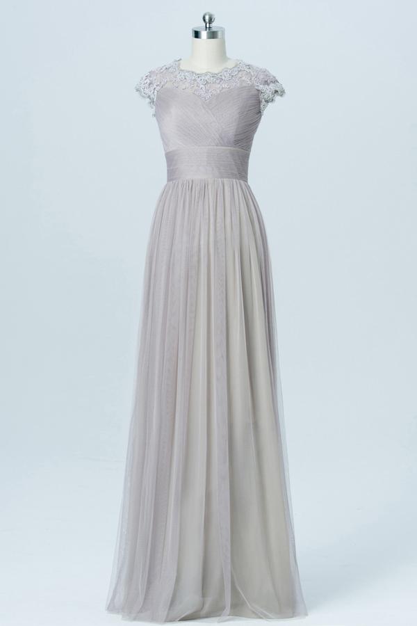 Light Gray Floor Length Bridesmaid Dresses,Capped Sleeve Lace Appliques Bridesmaid Gown