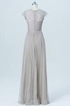 Light Gray Floor Length Bridesmaid Dress,Capped Sleeve Lace Appliques Bridesmaid Gown OMB07