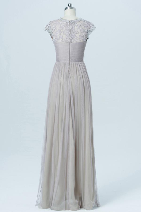 Light Gray Floor Length Bridesmaid Dress,Capped Sleeve Lace Appliques Bridesmaid Gown OMB07