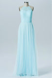 Pastel Blue Halter Long Bridesmaid Dresses,Sleeveless Sheer Back Cheap Bridesmaid Gowns