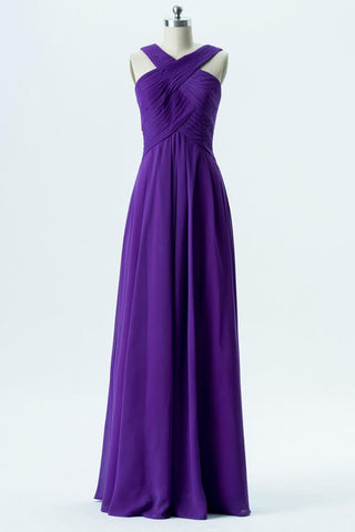 Royal Purple X Neck Long Bridesmaid Dresses,Sleeveless Open Back Cheap Bridesmaid Gowns