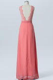 Dusty Coral Bridesmaid Dress,Sleeveless Deep V Back Appliques Bridesmaid Gowns OMB75