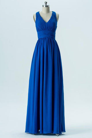 Blue V Neck Long Bridesmaid Dresses,Sleeveless X Back Appliques Bridesmaid Gowns OMB76 - bohogown