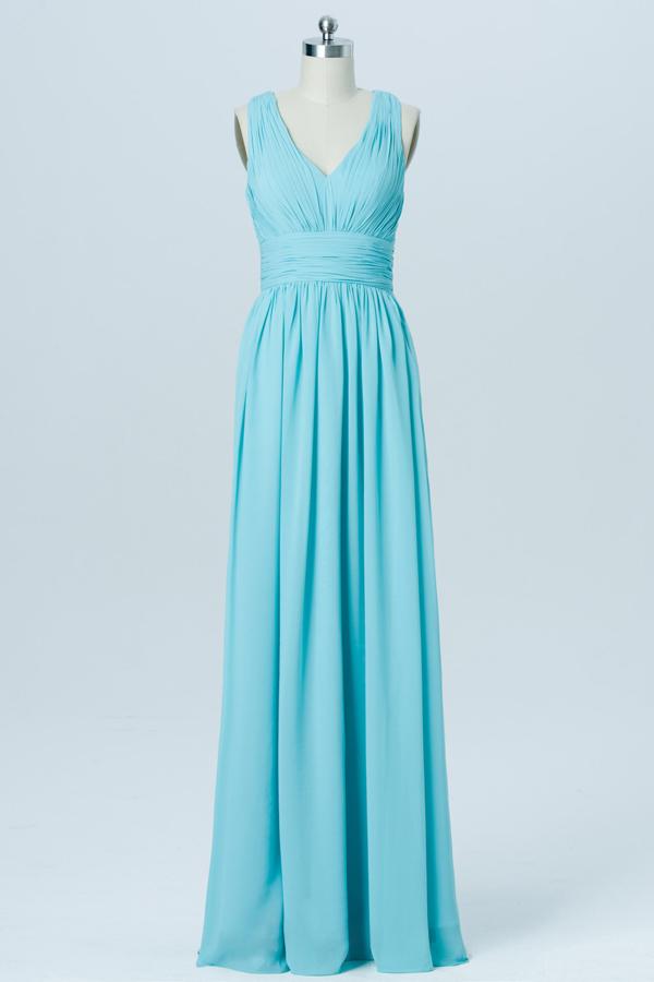 Blue Deep V Neck Floor Length Bridesmaid Dresses,X Back Bridesmaid Gown OMB08 - bohogown