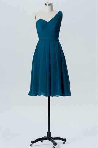 Winter Teal One Shoulder Short Bridesmaid Dresses,Open Back Cheap Bridesmaid Gowns