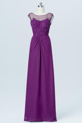 Vintage Violet Sheer Floor Length Bridesmaid Dresses,V Back Sequins Beading Bridesmaid Gown