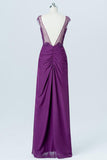 Vintage Violet Sheer Floor Length Bridesmaid Dress,V Back Sequins Beading Bridesmaid Gown OMB09