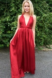 Cheap Pleated Red A-Line V-Neck Back Twist Satin Bridesmaid Dress, B355 - bohogown