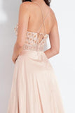 Blush Pink A-Line Spaghetti Straps V-neck Beading Slit Elastic Satin Prom Dress, P585 - Ombreprom