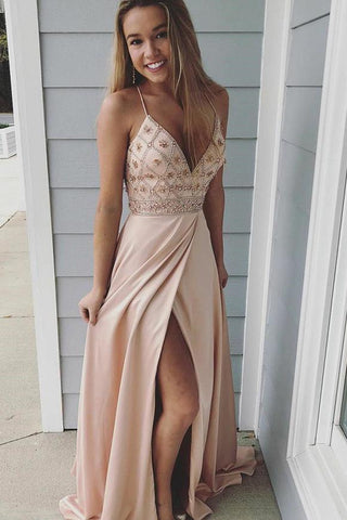 Blush Pink A-Line Spaghetti Straps V-neck Beading Slit Elastic Satin Prom Dress, P585 - bohogown