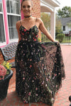 Spaghetti Straps A-Line Illusion Black Floral Lace Prom Dress Party Dress P586