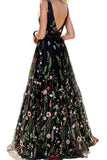 A-Line Plunge Neckline Black Floral Print Lace Prom Dress, Party Dress P587 - Ombreprom