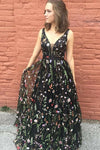 A-Line Plunge Neckline Black Floral Print Lace Prom Dress, Party Dress P587 - bohogown