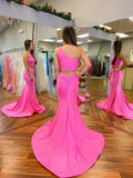 Two Pieces One Shoulder Hot Pink Formal Graduation Evening Dress Long Prom Dres