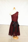 A Line One-shoulder Burgundy Lace Dress for Girls and Baby, Flower Girl Dress with Sash