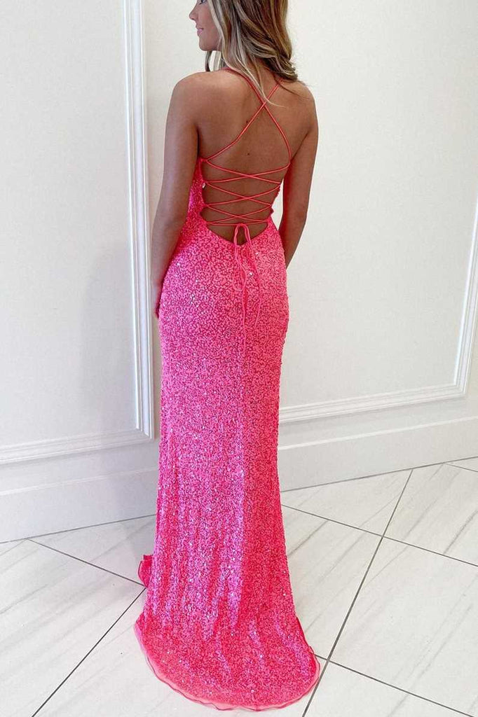 Hot Pink Sequins Evening Party Dress Split Mermaid Long Prom Dress