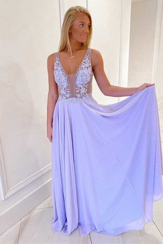 Lavender Chiffon A-line V Neck Evening Formal Dress Long Prom Dress