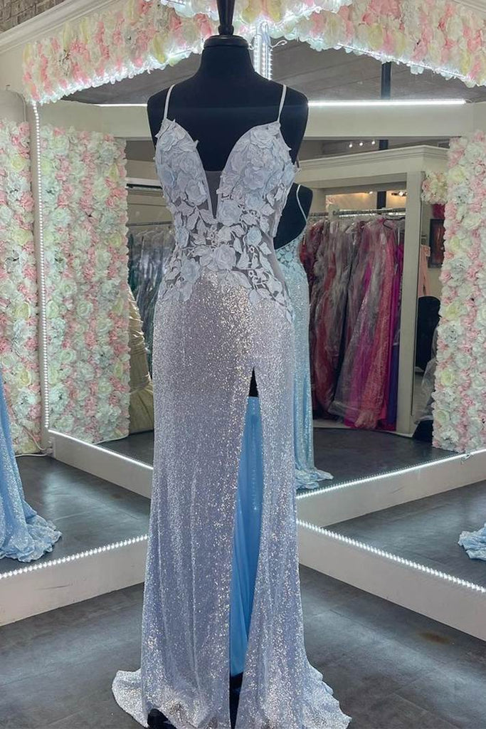 Light Blue Elegant Straps Sheath Evening Dress Sequins Appliques Long Prom Dress