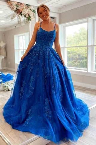 Lace Appliques Princess A Line Royal Blue Tulle Long Formal Dress Prom Dress