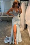 Shiny Mermaid Light Blue Evening Party Dress Beaded Long Prom Dress