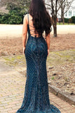 Navy Blue Square Gorgeous Beading Lace Mermaid Evening Dress Long Prom Dress